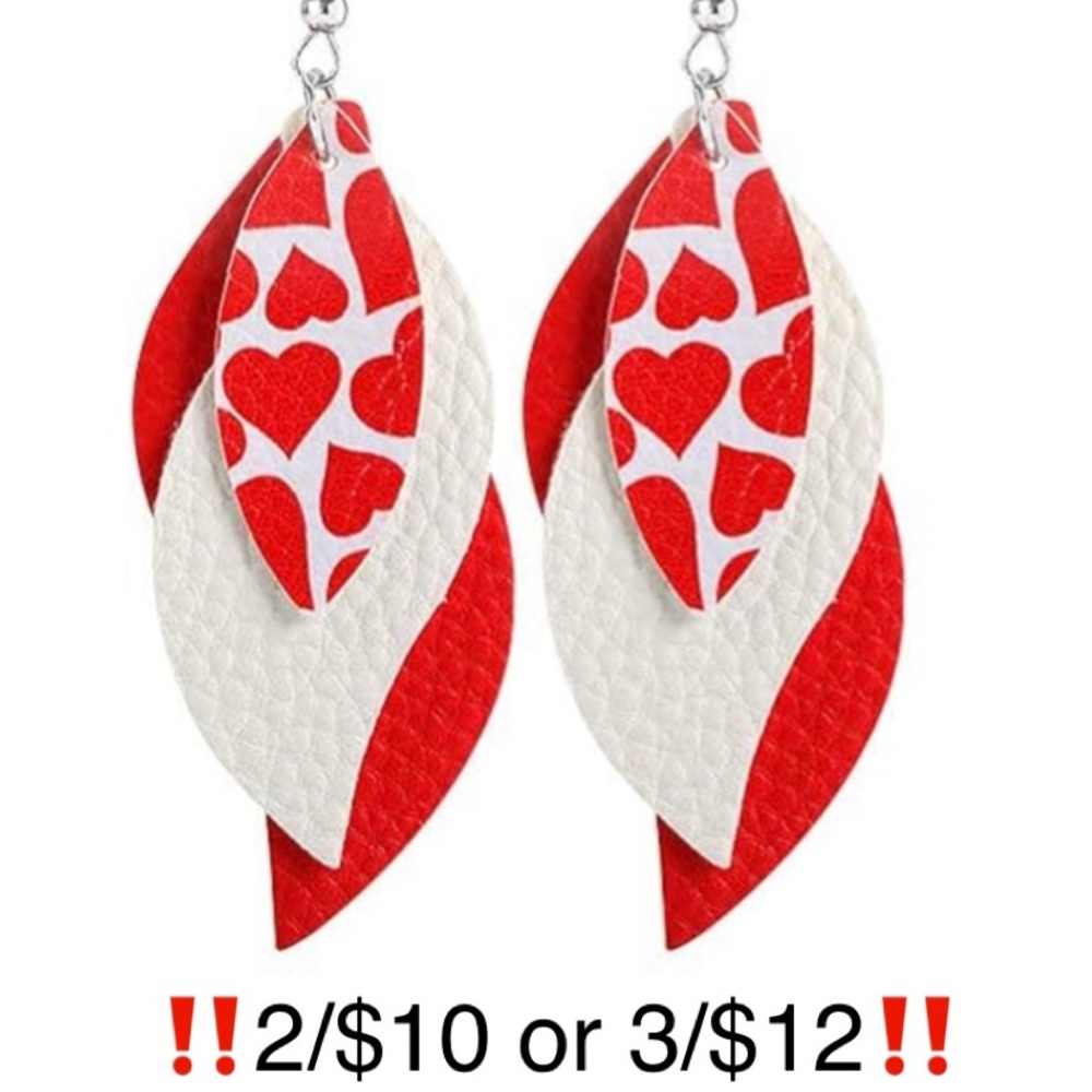 Heart Earrings Faux Leather Red White Valentine Dangling Drop Layered Statement